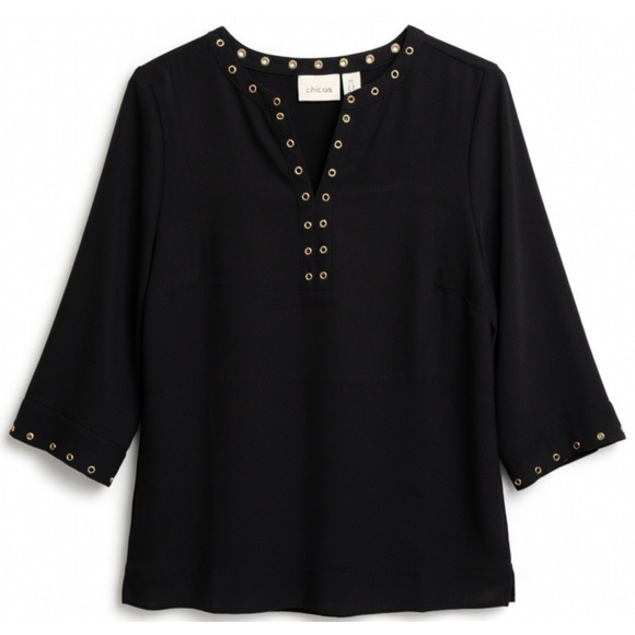Chico's Tops - Chico’s Women’s Size 0 Small Black V-Neck Blouse Gold Grommet Trim 3/4 Sleeve